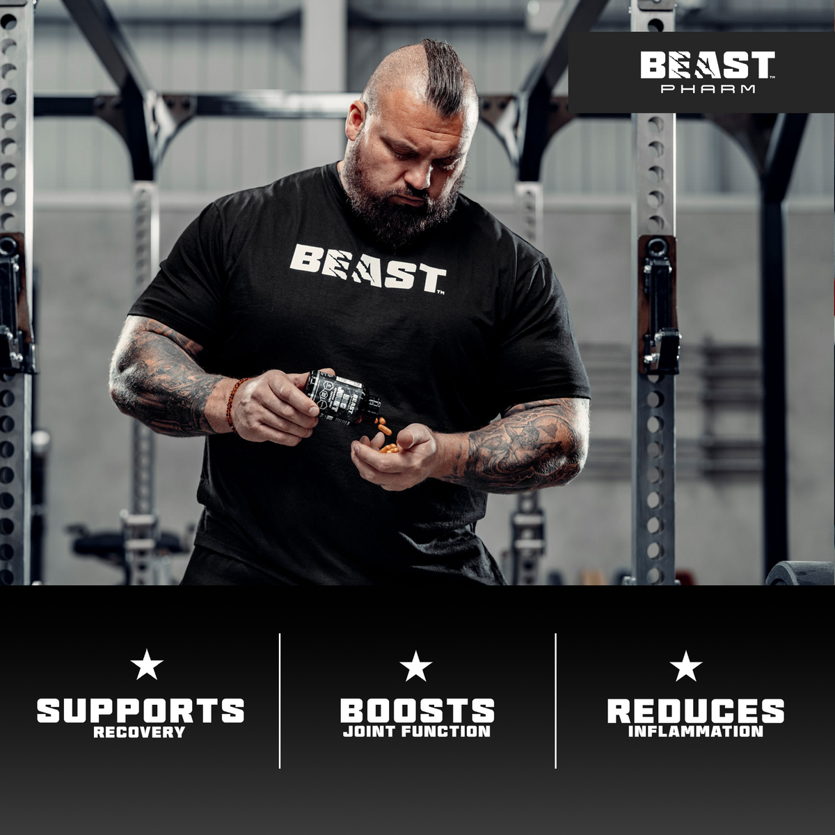 Athlete in a Beast Pharm shirt holding a BIG JOINT supplement bottle