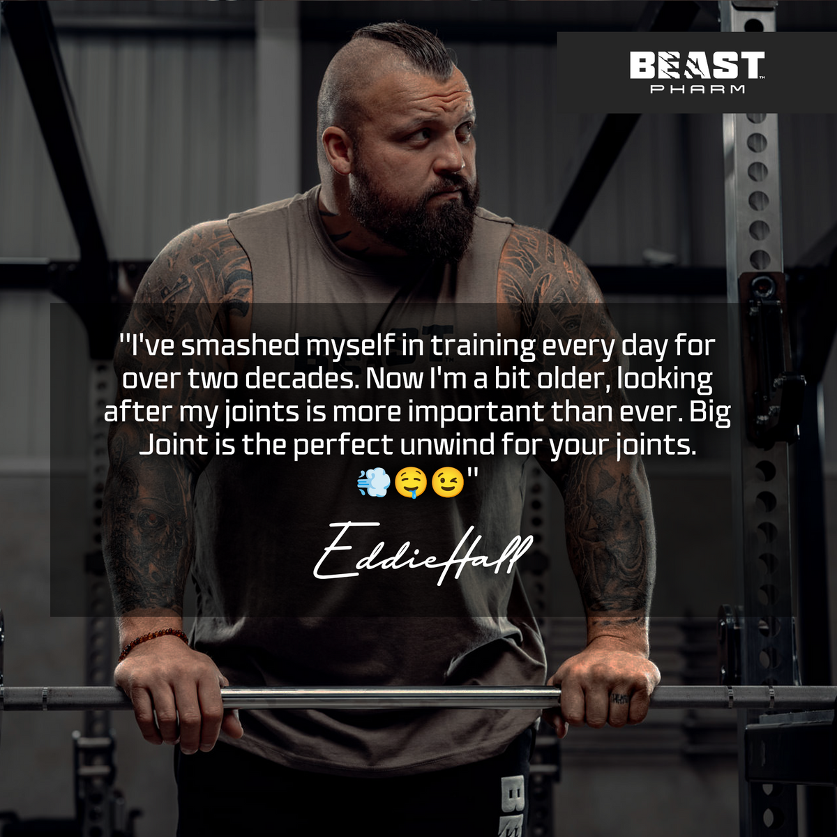 Tattooed strength athlete with barbell and Beast Pharm brand quote