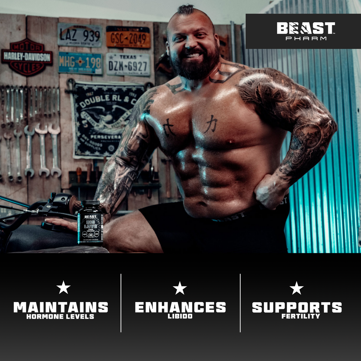 Strength athlete holding a Beast Pharm BIG LOVE supplement bottle