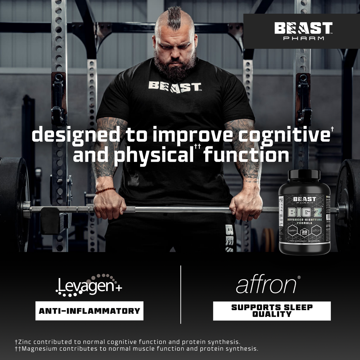 Man lifting weights with supplements and Beast Pharm branding in the background