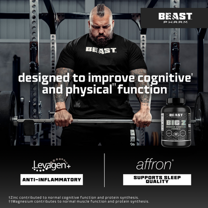 Man lifting weights with supplements and Beast Pharm branding in the background
