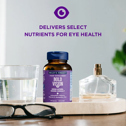 BOLD VISION Omega-7 bottle beside glasses and water with eye-health message