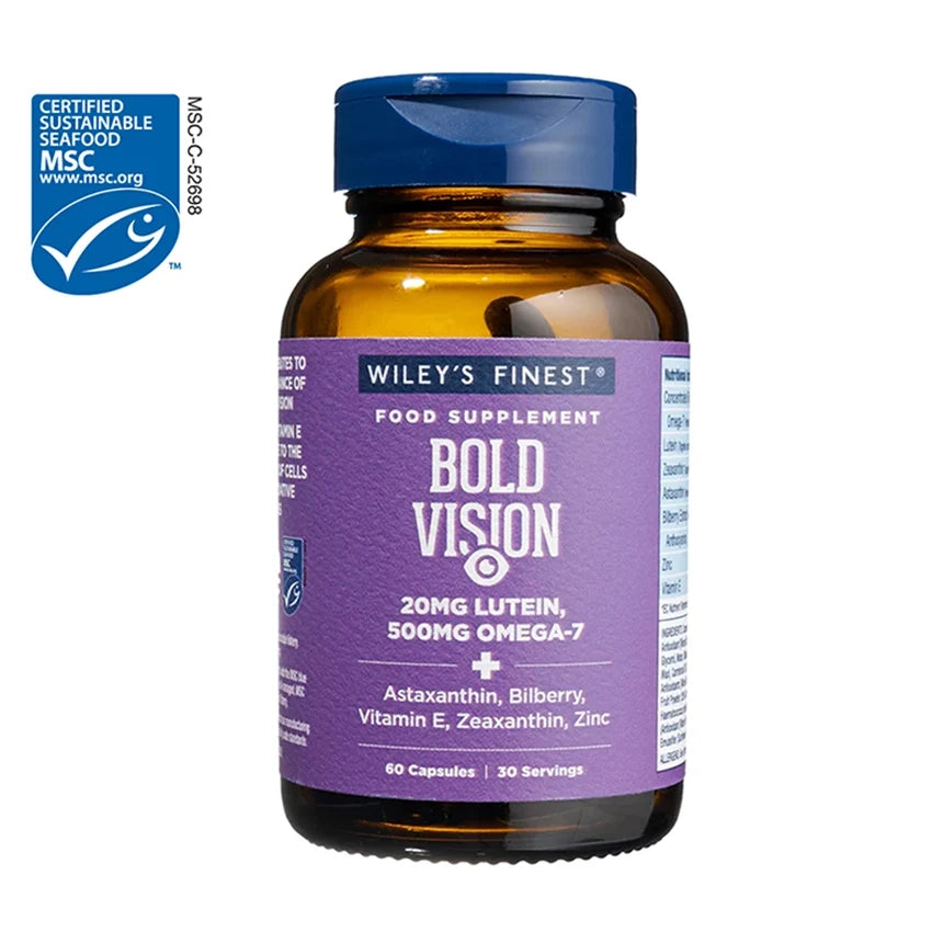 Wiley's Finest BOLD VISION Omega-7 bottle with 60 capsules and MSC certified seafood logo