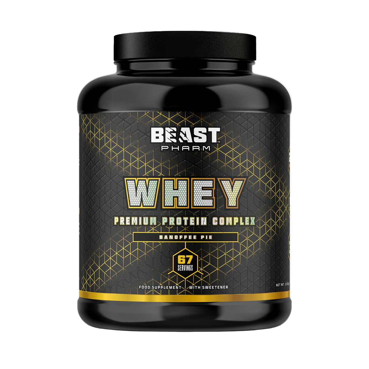 A black plastic tub of Beast Pharm Whey Premium Protein Complex in Hamptons Pie flavor, featuring a black and gold label with white text.