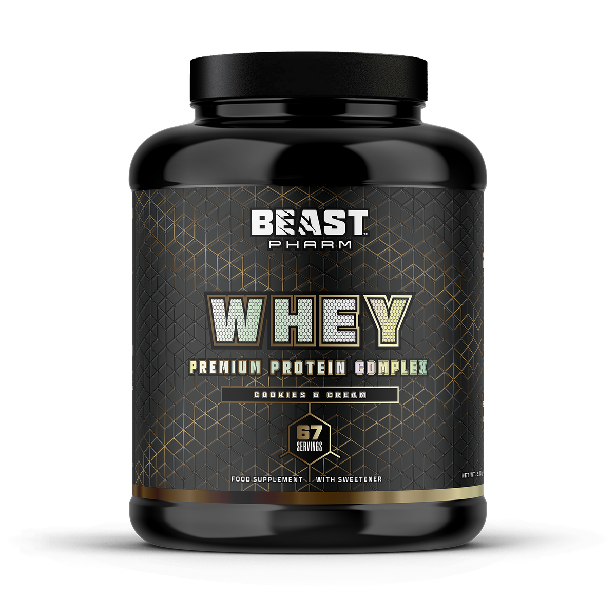 Beast Pharm whey protein supplement container on a white background