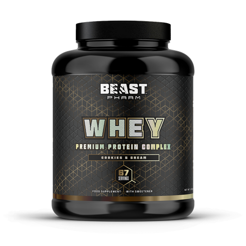 Beast Pharm whey protein supplement container on a white background