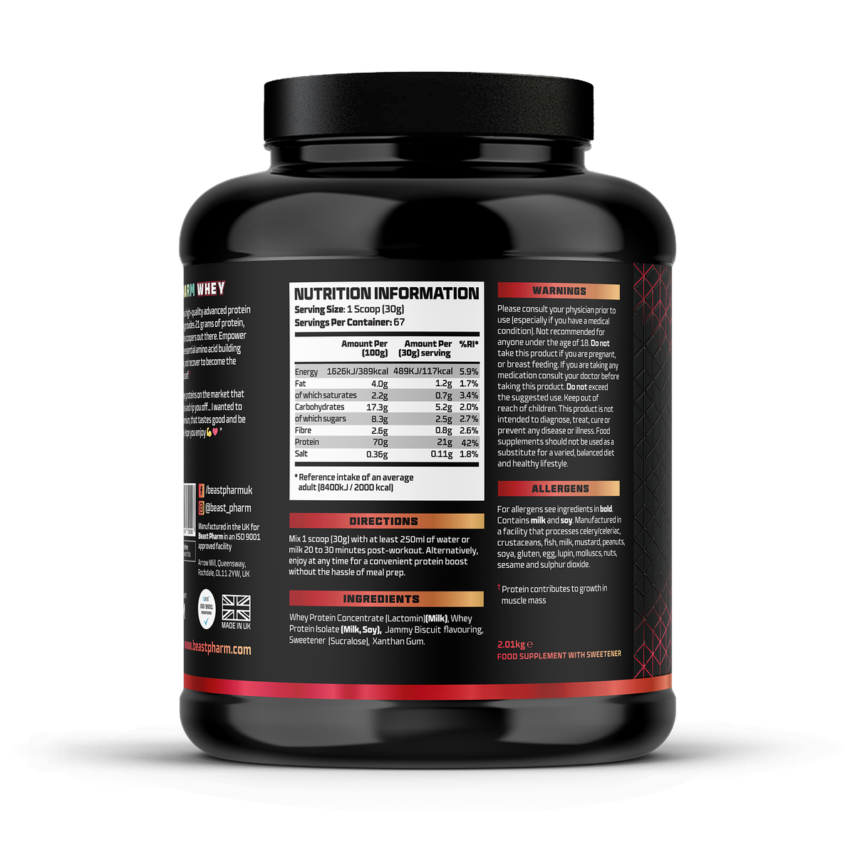 Black supplement container with nutrition label on a white background