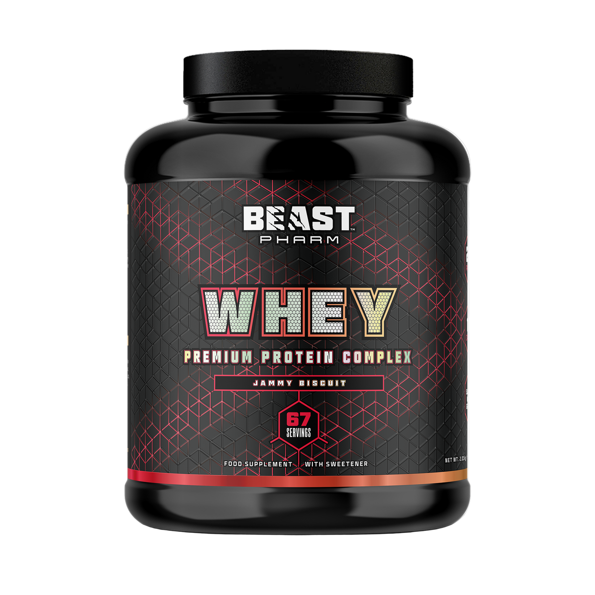 Black container of Beast Pharm Whey protein powder on a white background