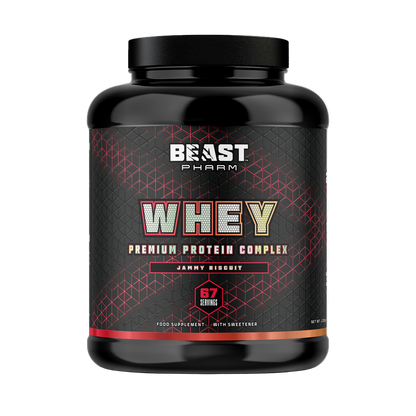 Black container of Beast Pharm Whey protein powder on a white background