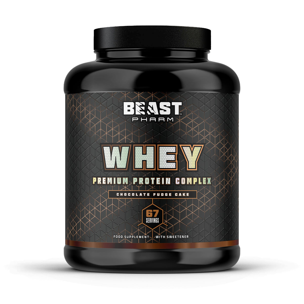 Black protein supplement container with 'Beast Pharm' branding on a white background