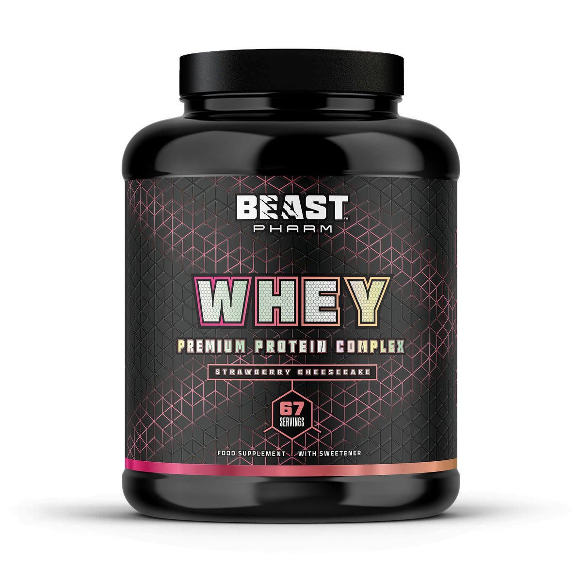 Beast Pharm Whey protein supplement container on a white background