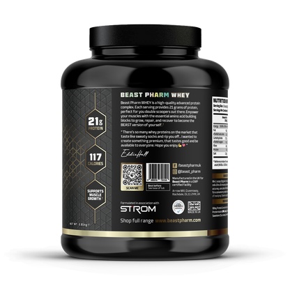 Beast Pharm Whey protein supplement container with label on a white background