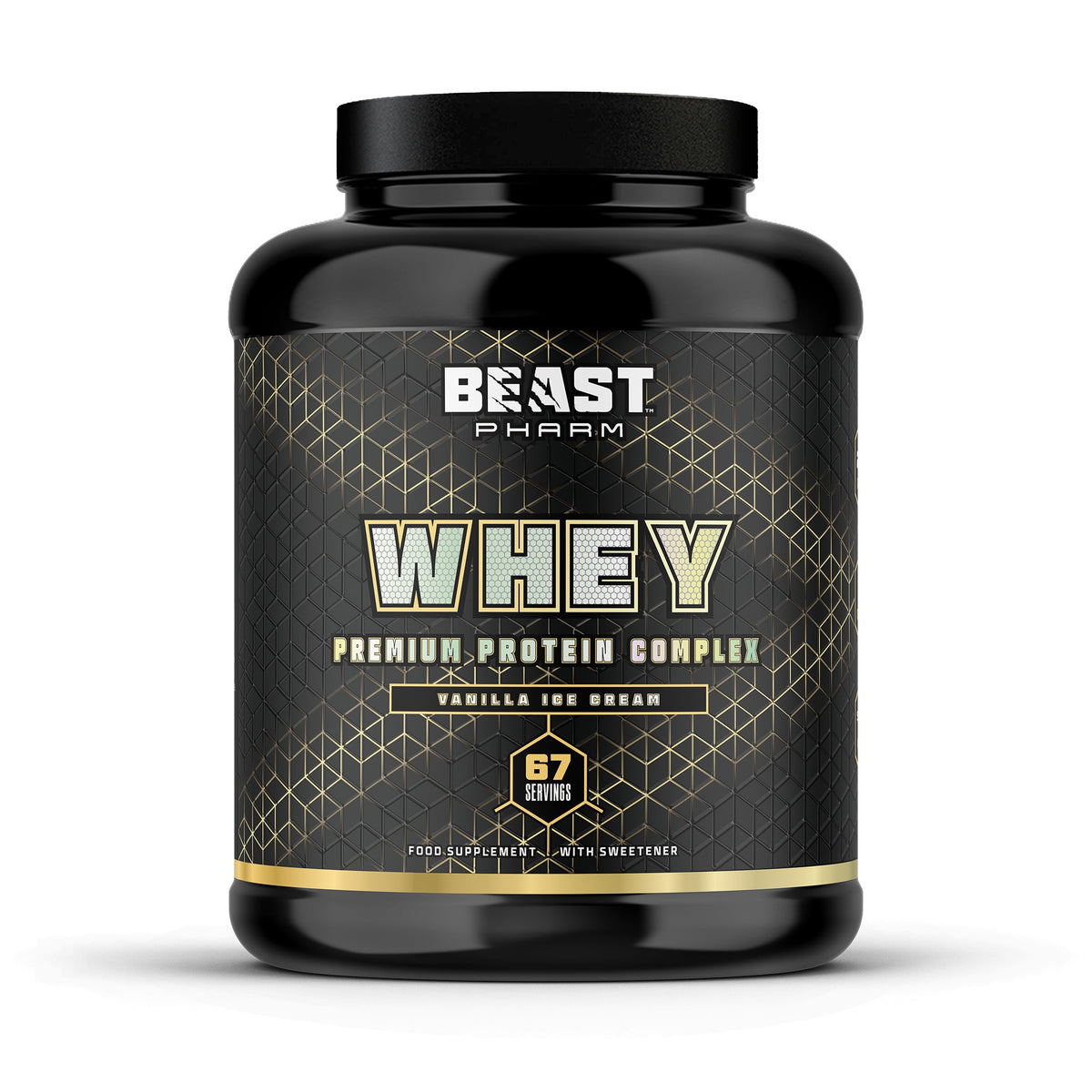 Black protein supplement container with 'Beast Pharm' branding on a white background