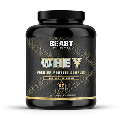 Black protein supplement container with 'Beast Pharm' branding on a white background