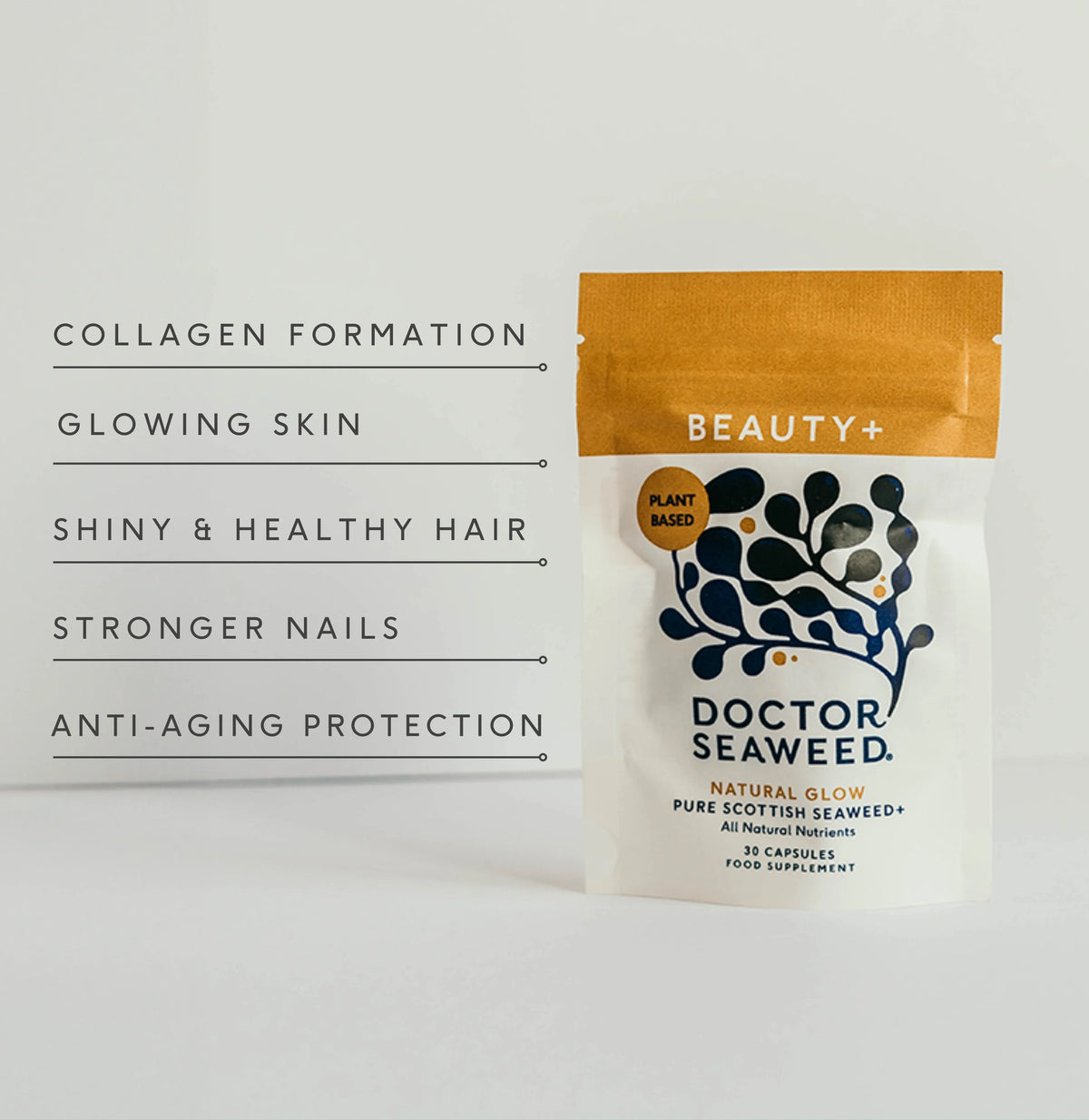Doctor Seaweed Beauty+ supplement pouch beside information about collagen formation, skin, hair and nails