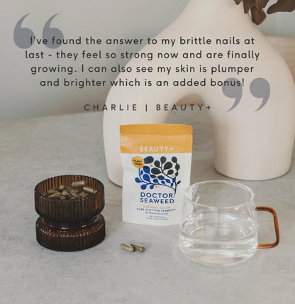 Doctor Seaweed Beauty+ customer testimonial graphic with the supplement pouch, capsules and a glass of water