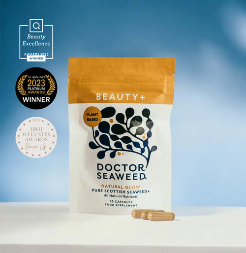 Doctor Seaweed Beauty+ plant-based seaweed supplement pouch with capsules and wellness award badges