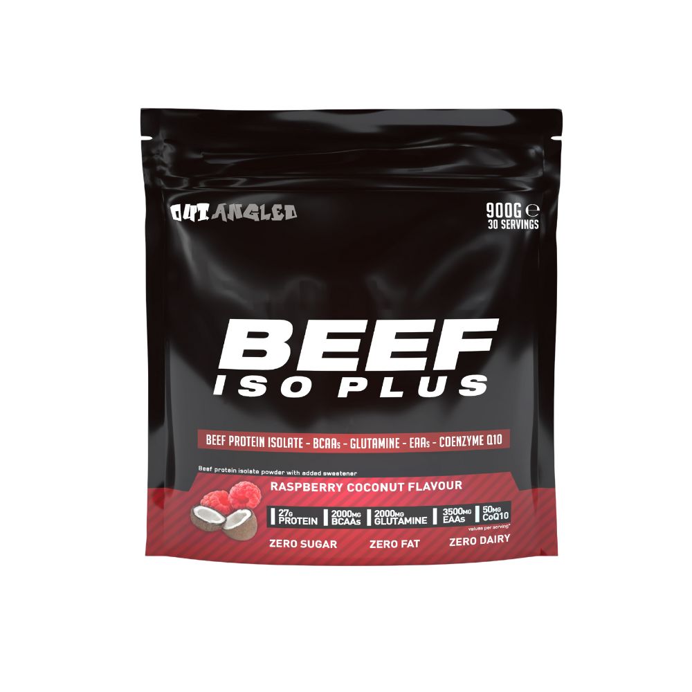 123nutrition Beef ISO Plus 900g Raspberry and coconut flavour protein powder tub