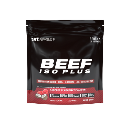 123nutrition Beef ISO Plus 900g Raspberry and coconut flavour protein powder tub