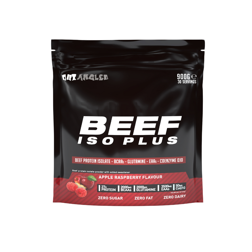 123nutrition Beef ISO Plus 900g Apple and raspberry flavour protein powder tub