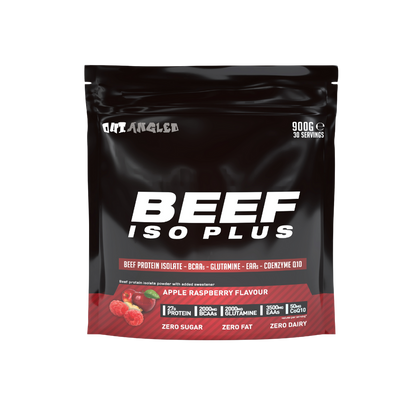 123nutrition Beef ISO Plus 900g Apple and raspberry flavour protein powder tub