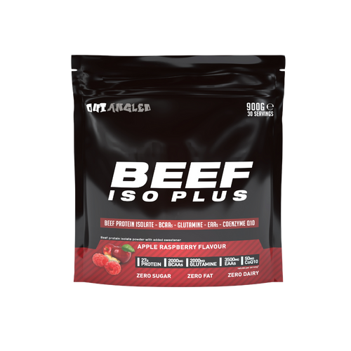 123nutrition Beef ISO Plus 900g Apple and raspberry flavour protein powder tub