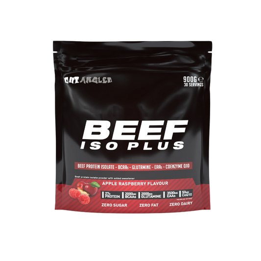 123nutrition Beef ISO Plus 900g Apple and raspberry flavour protein powder tub