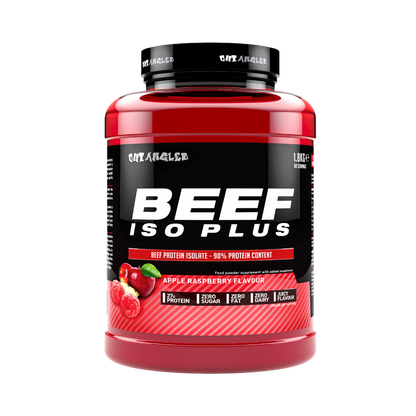 123nutrition Beef ISO Plus 1.8kg Apple and raspberry flavour protein powder tub