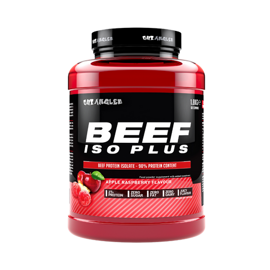 123nutrition Beef ISO Plus 1.8kg Apple and raspberry flavour protein powder tub