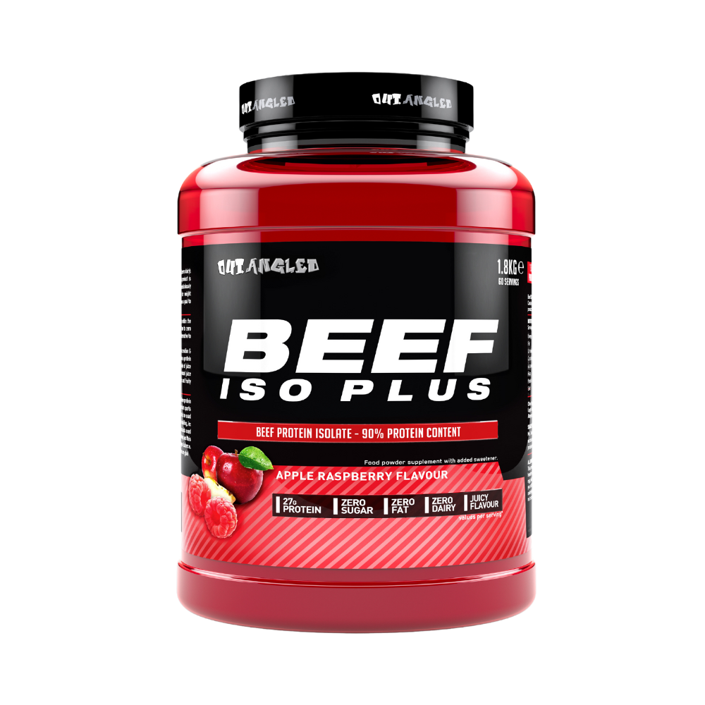 123nutrition Beef ISO Plus 1.8kg Apple and raspberry flavour protein powder tub