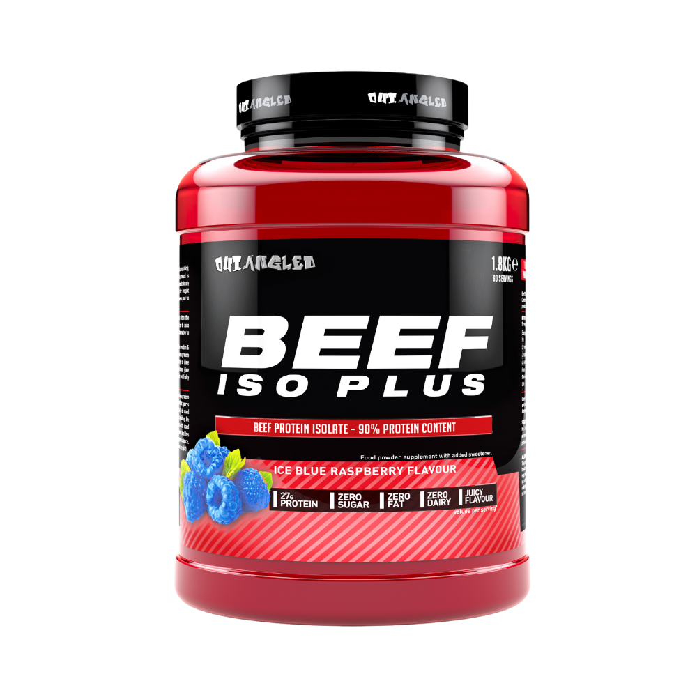 123nutrition Beef ISO Plus 1.8kg Ice blue raspberry flavour protein powder tub