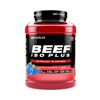 123nutrition Beef ISO Plus 1.8kg Ice blue raspberry flavour protein powder tub