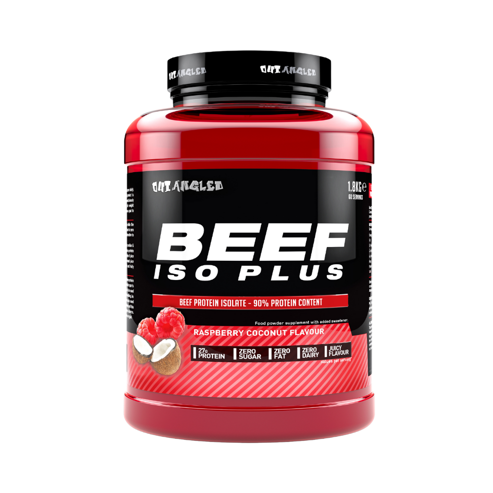 123nutrition Beef ISO Plus 1.8kg Raspberry and coconut flavour protein powder tub