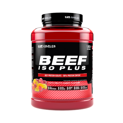 123nutrition Beef ISO Plus 1.8kg Tutti frutti candy flavour protein powder tub