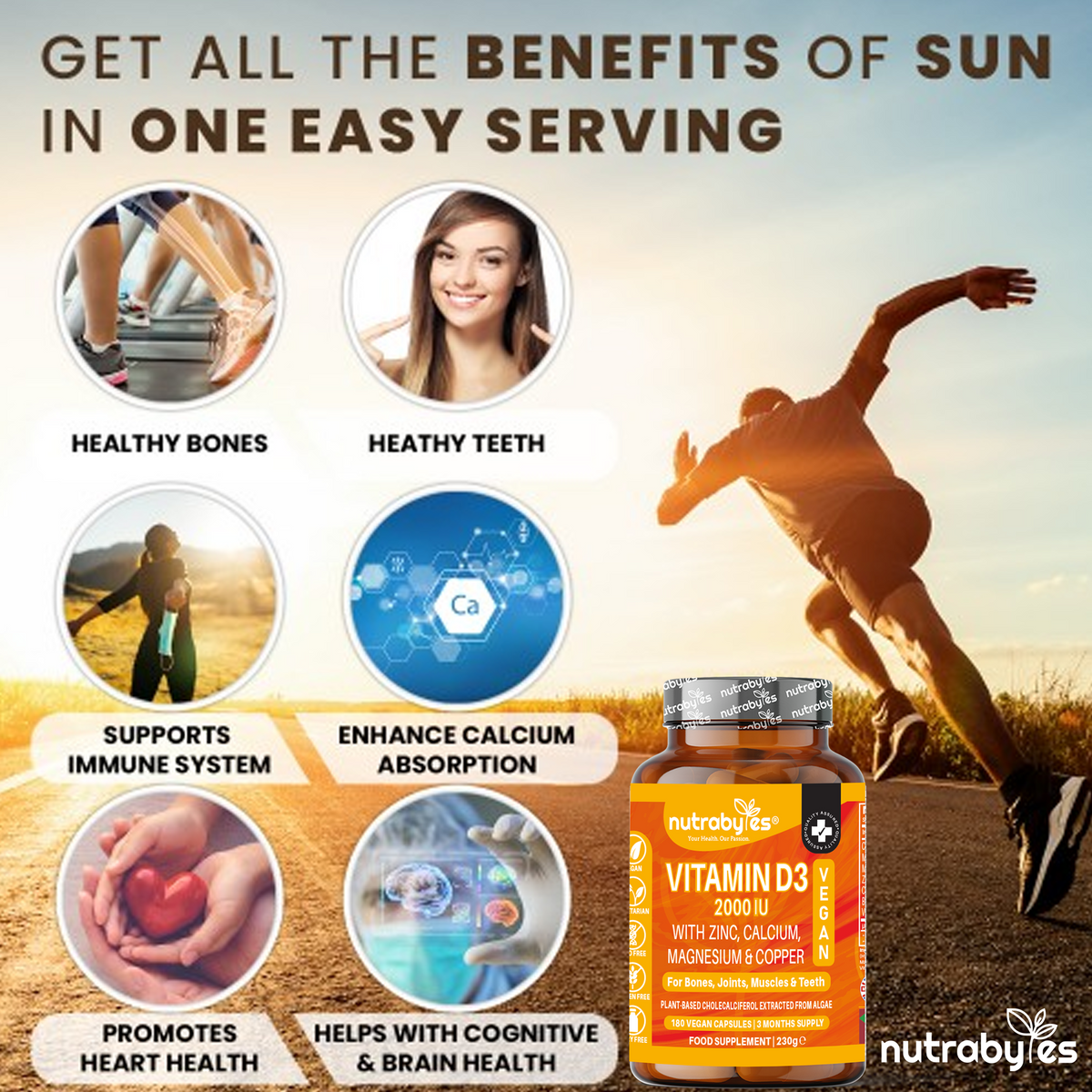 Vegan Vitamin D3 2000 IU with Calcium, Magnesium, Zinc & Copper – 180 Capsules | NUTRABYTES – Benefitsofthe Sun infographic