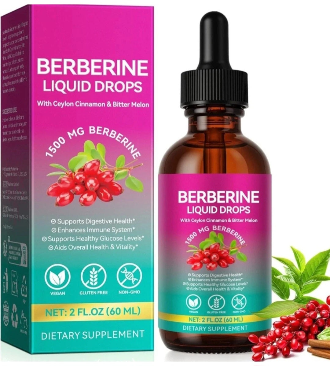 Berberine liquid drops with packaging on a white background