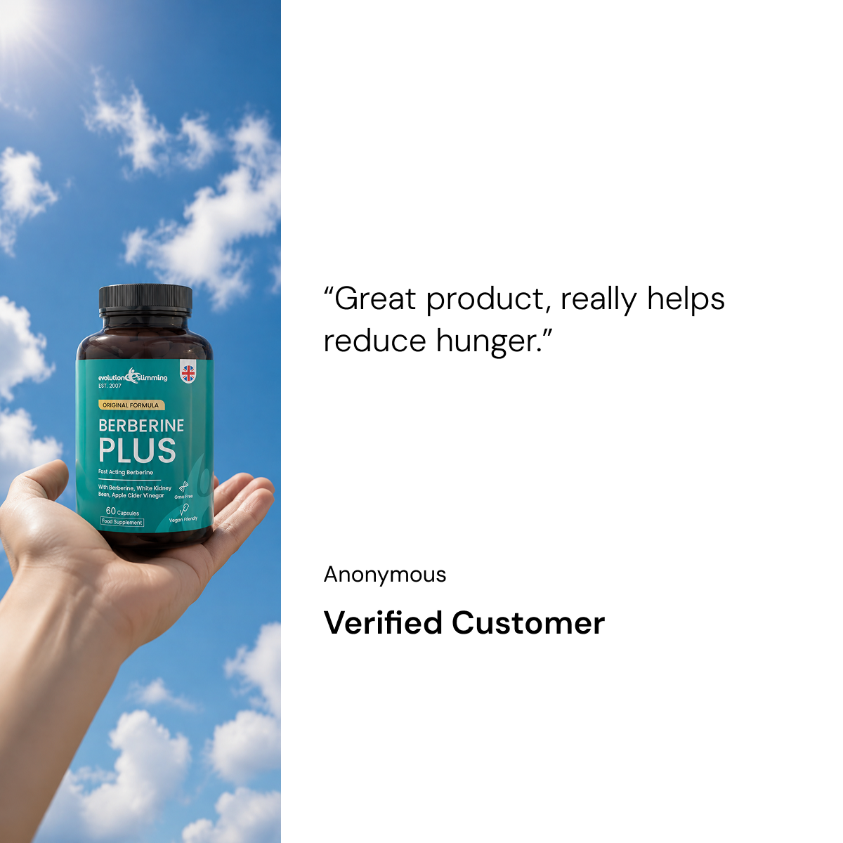 Berberine Plus bottle with anonymous verified customer review graphic