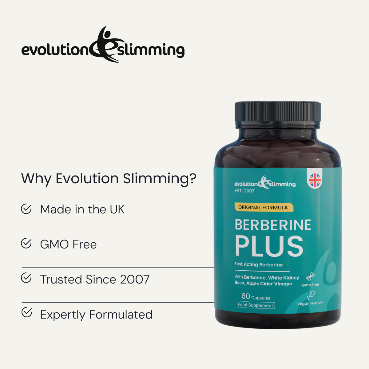 Berberine Plus bottle with UK-made, GMO-free and supplier formulation information