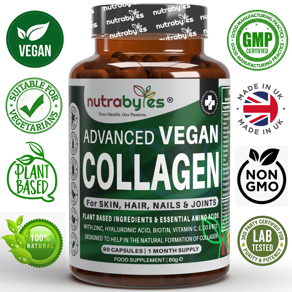 Advanced Vegan Collagen Support bottle with vegan, vegetarian, GMP, UK-made and non-GMO icons