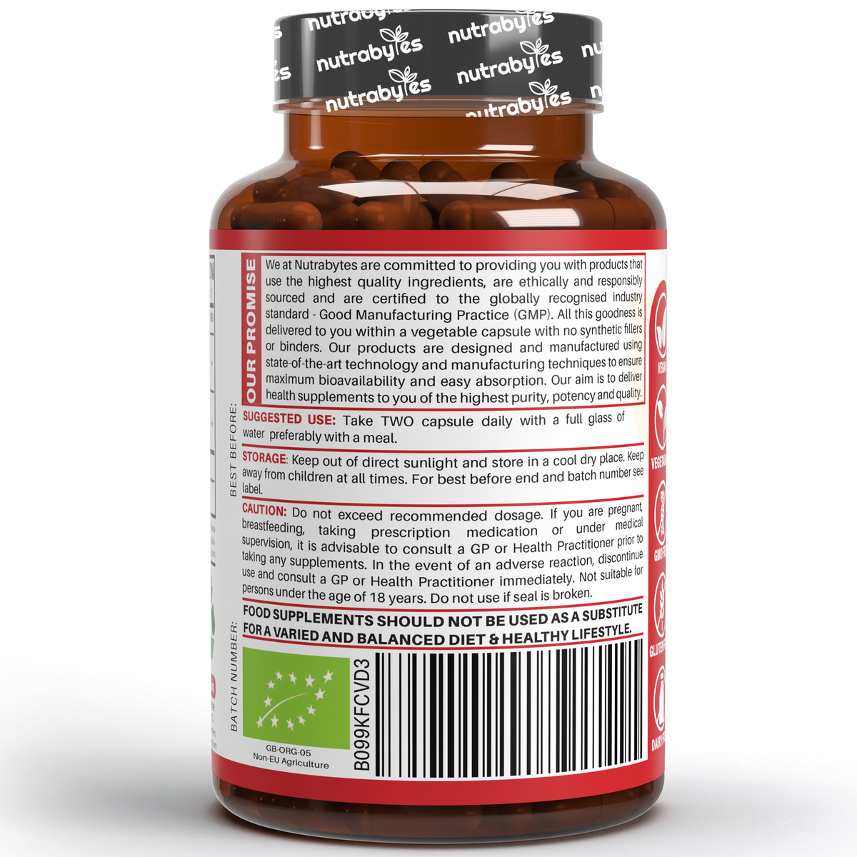 Organic Ashwagandha KSM-66® 1000mg per serving with Black Pepper – 60 Vegan Capsules | NUTRABYTES – Bottle Additional Information product graphic