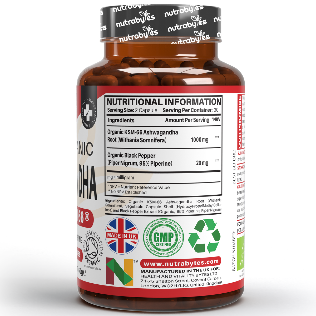 Organic Ashwagandha KSM-66® 1000mg per serving with Black Pepper – 60 Vegan Capsules | NUTRABYTES – nutrition and supplement facts panel