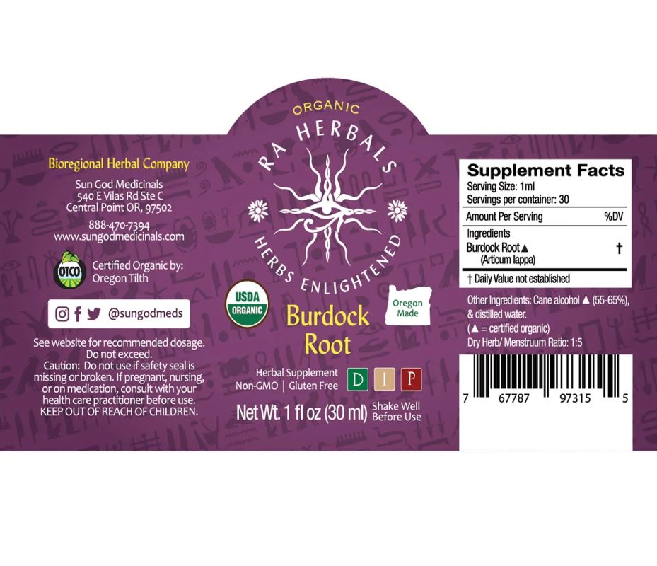 Sun God Medicinals Organic Burdock Root Tincture – 30ml