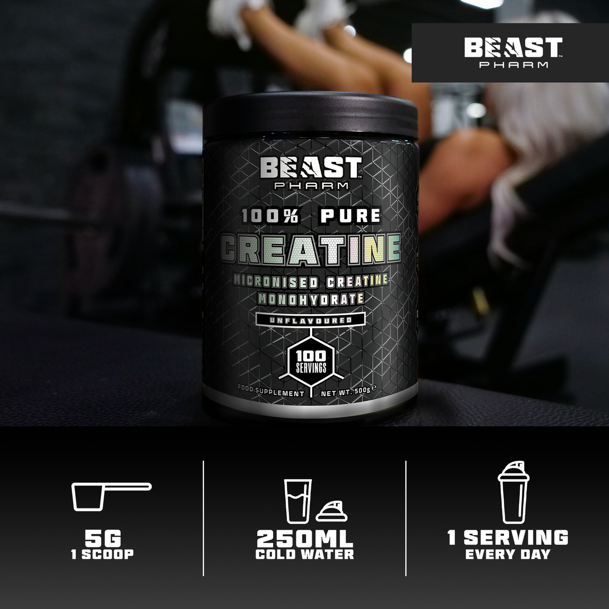 Beast Pharm 100% Pure Creatine container with usage instructions on a dark background