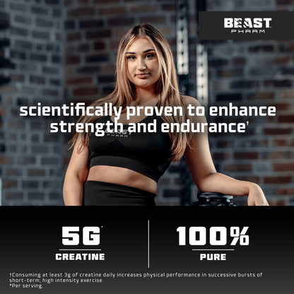 Woman in athletic wear with text about 5G Creatine and Beast Pharm branding.