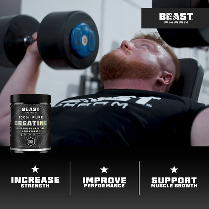 Person lifting weights with a Beast Pharm creatine supplement container displayed.