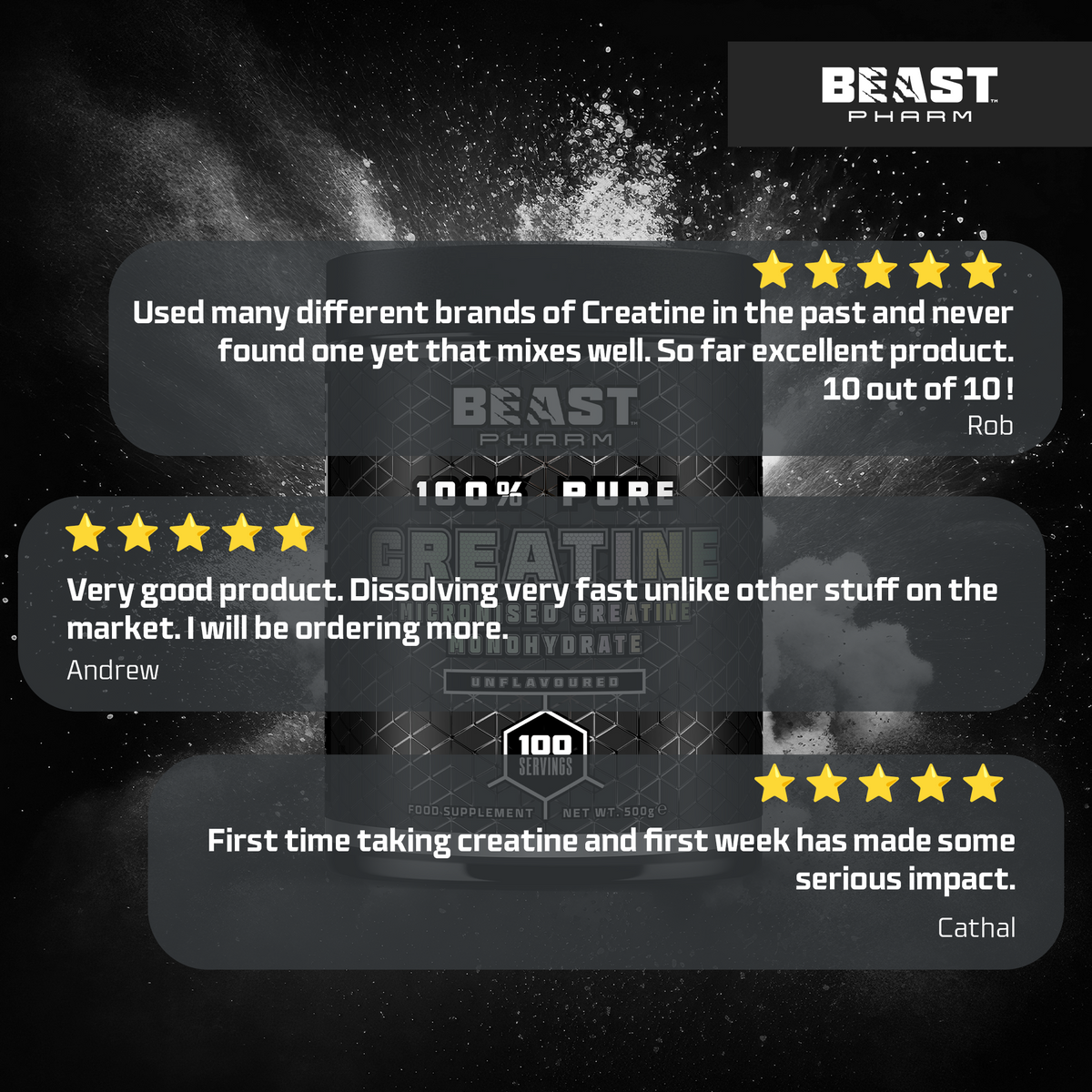 Beast Pharm creatine supplement with customer reviews on a dark background