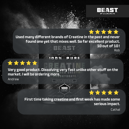 Beast Pharm creatine supplement with customer reviews on a dark background