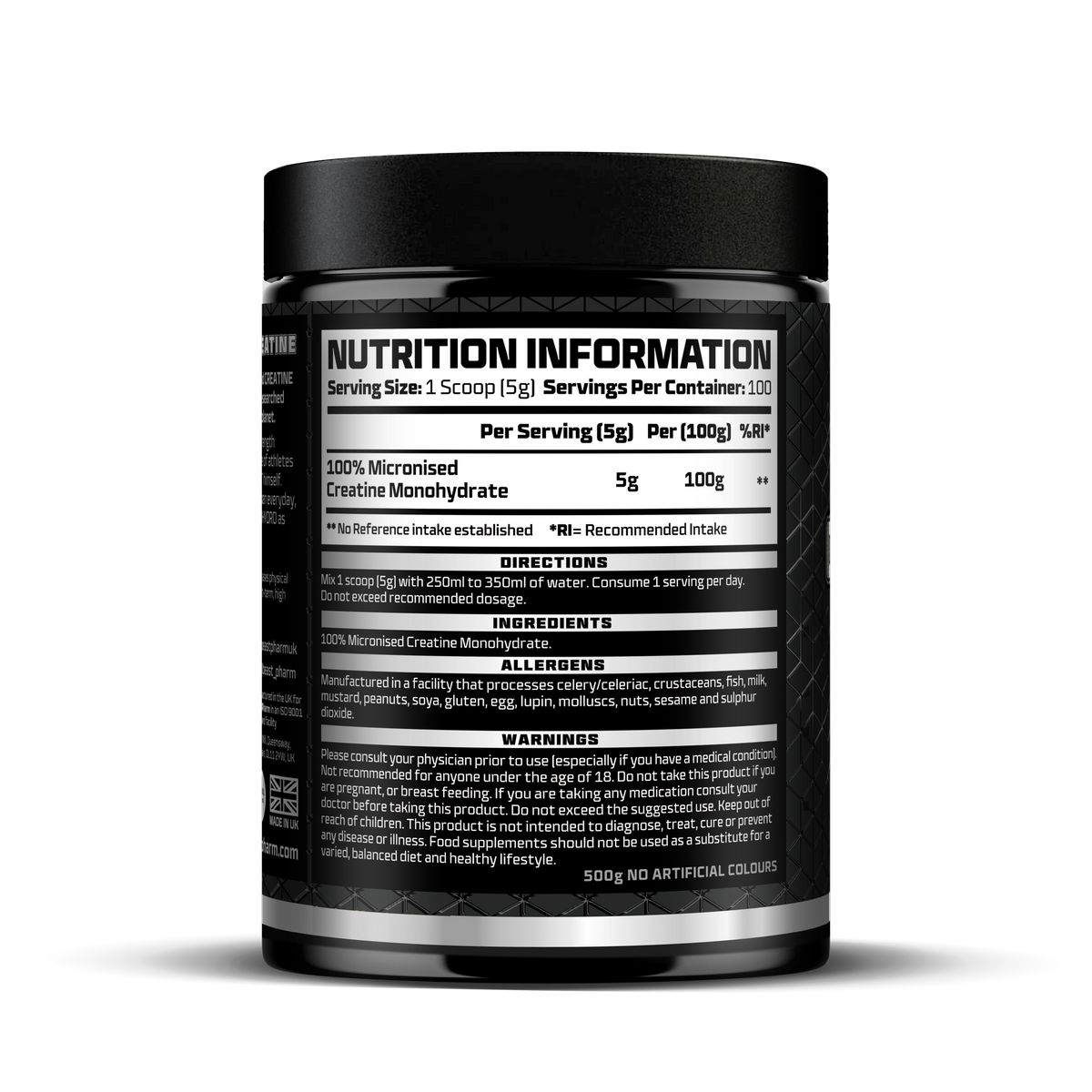 Nutrition information label on a supplement container with a white background