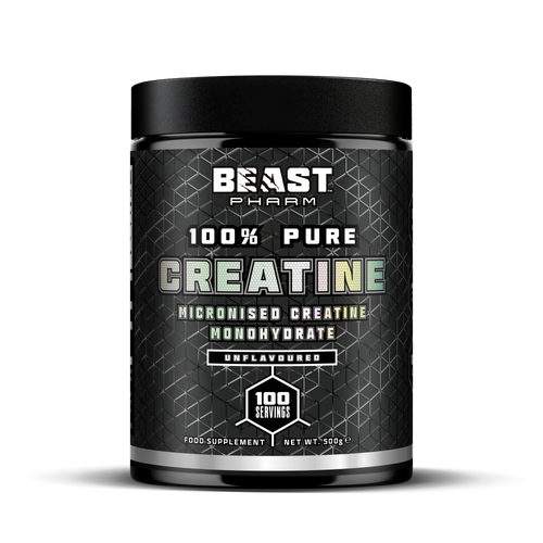 Beast Pharm 100% Pure Creatine supplement container on a white background