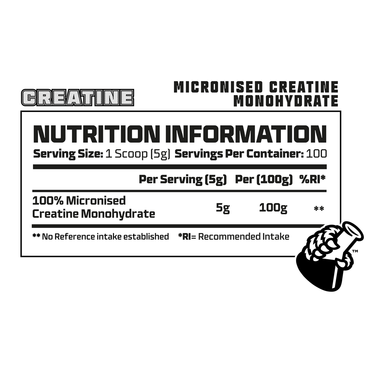 Nutrition information label for creatine monohydrate on a white background